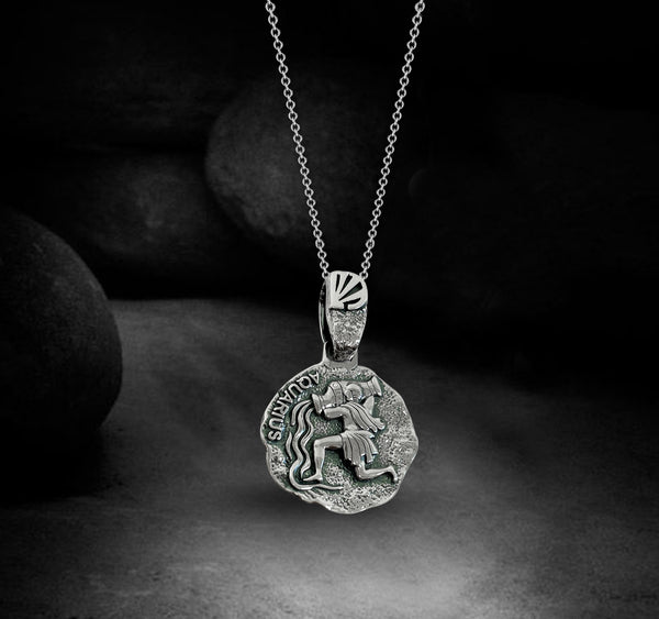 Aquarius Zodiac Necklace for Men - Oxidised Sterling Silver