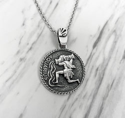 Aquarius Zodiac Necklace for Men - Oxidised Sterling Silver