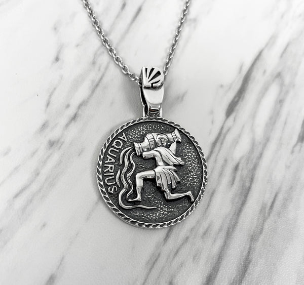 Aquarius Zodiac Necklace for Men - Oxidised Sterling Silver