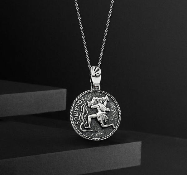 Aquarius Zodiac Necklace for Men - Oxidised Sterling Silver