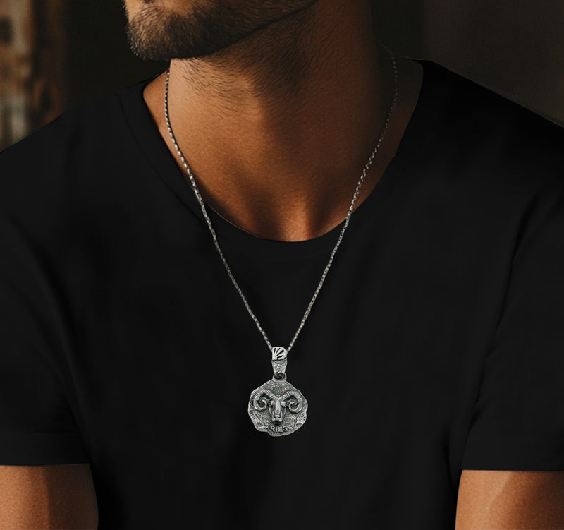 Aries Zodiac Necklace for Men - Oxidised Sterling Silver