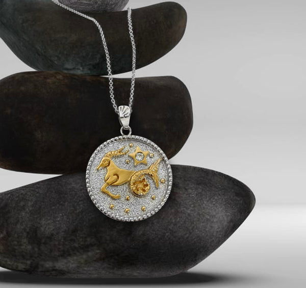 Capricorn Zodiac Necklace for Women with Two tone CZ stone - 14K Gold Plating