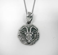 Capricorn  Zodiac Necklace for Men - Oxidised Sterling Silver