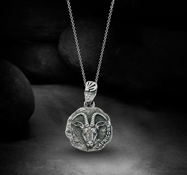 Capricorn  Zodiac Necklace for Men - Oxidised Sterling Silver