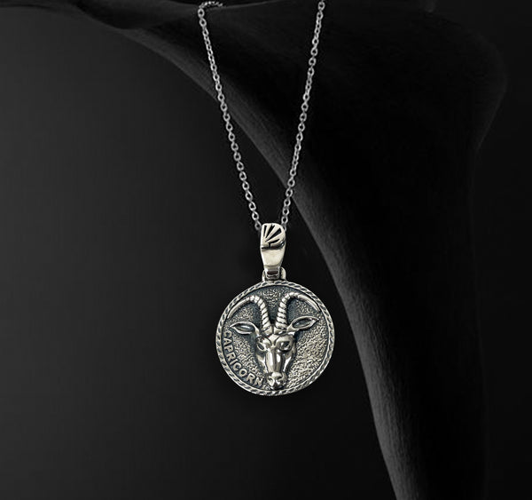 Capricorn Zodiac Necklace for Men - Oxidised Sterling Silver