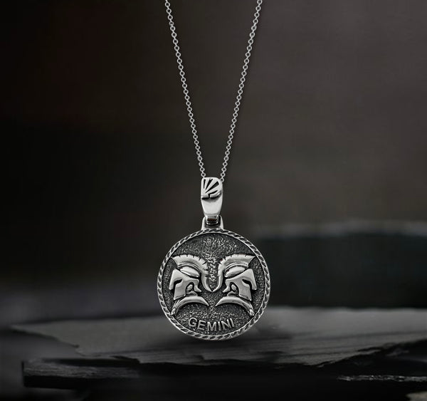 Gemini Zodiac Necklace for Men - Oxidised Sterling Silver