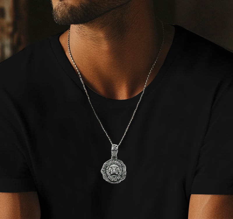 Leo Zodiac Necklace for Men - Oxidised Sterling Silver