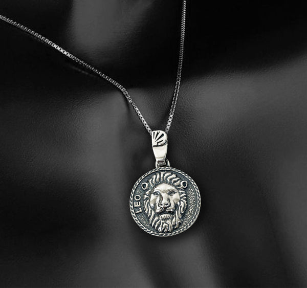 Leo Zodiac Necklace for Men - Oxidised Sterling Silver