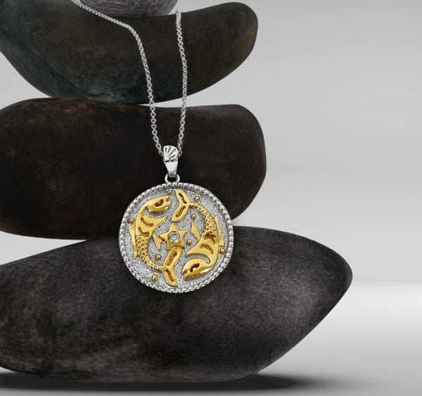 Pisces Zodiac Necklace for Women with Two tone CZ stone - 14K Gold Plating