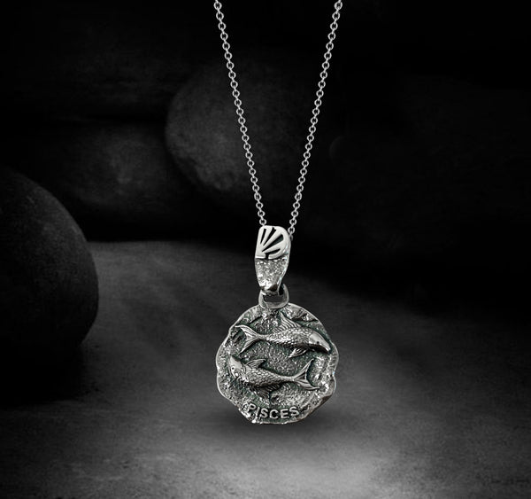 Pisces Zodiac Necklace for Men - Oxidised Sterling Silver