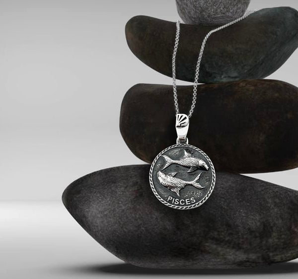 Pisces Zodiac Necklace for Men - Oxidised Sterling Silver