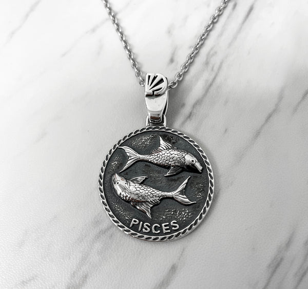 Pisces Zodiac Necklace for Men - Oxidised Sterling Silver