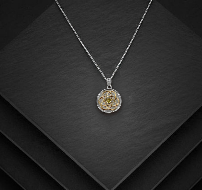 Celtic necklace with yellow CZ stone - Two tone, Sterling Silver Celtic pendant