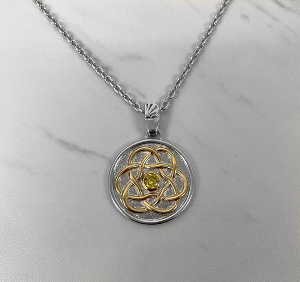 Celtic necklace with yellow CZ stone - Two tone, Sterling Silver Celtic pendant