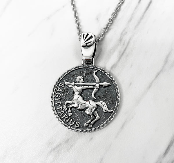 Sagittarius Zodiac Necklace for Men - Oxidised Sterling Silver