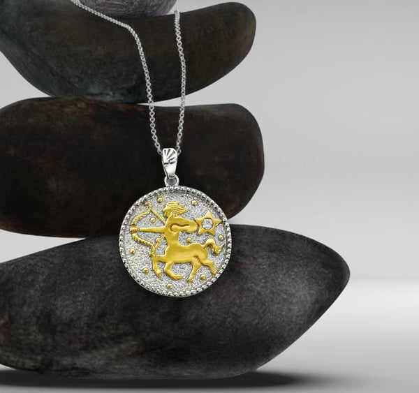 Sagittarius Zodiac Necklace for Women with Two tone CZ stone - 14K Gold Plating