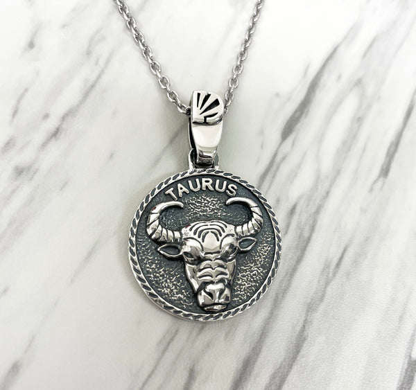 Taurus Zodiac Necklace for Men - Oxidised Sterling Silver