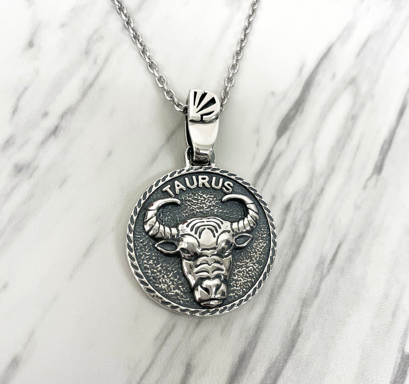 Taurus Zodiac Necklace for Men - Oxidised Sterling Silver