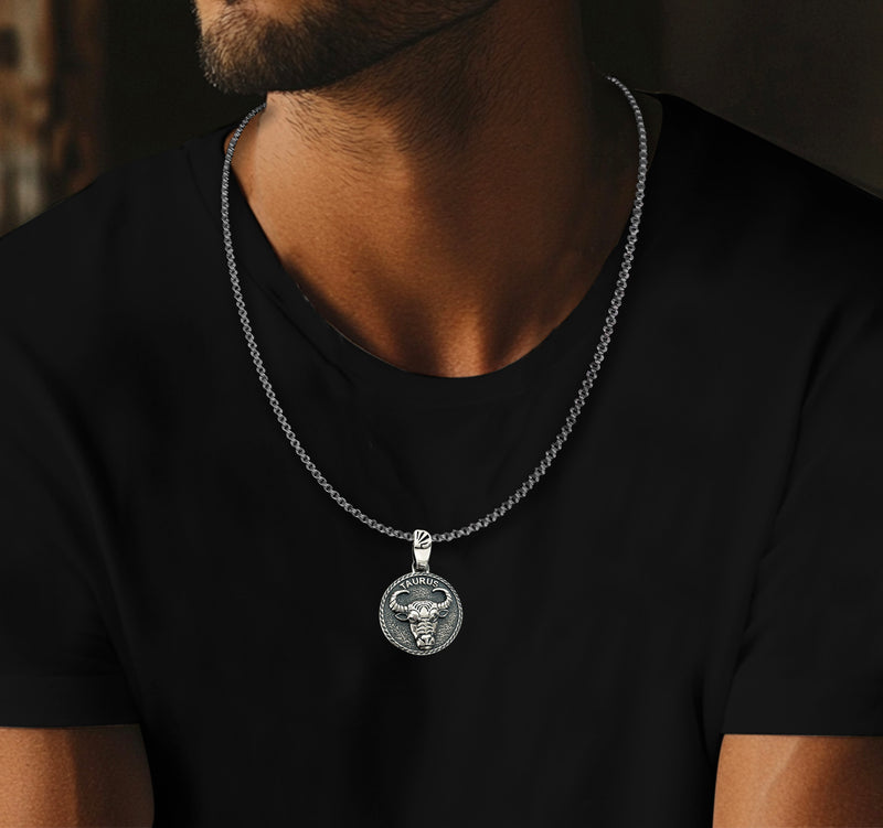 Taurus Zodiac Necklace for Men - Oxidised Sterling Silver