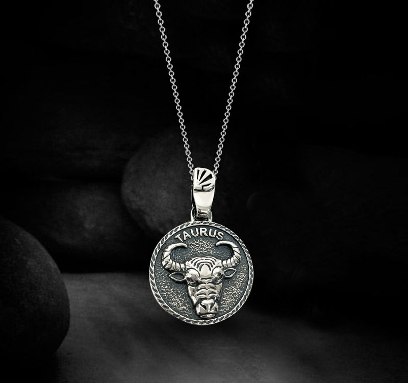 Taurus Zodiac Necklace for Men - Oxidised Sterling Silver