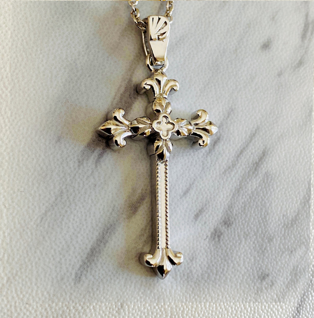 Sterling Silver Intricate Fleur-de-Lis Cross Necklace